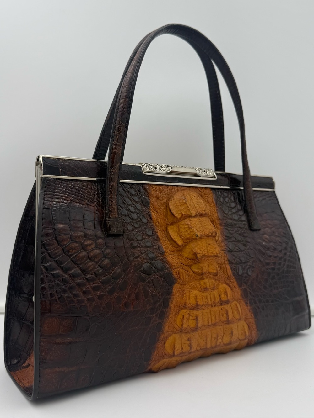 🐊JAPAN • Brown Exotic CROCODILE Frame 30 Top Handle Bag w/ Ornate Silver Trim